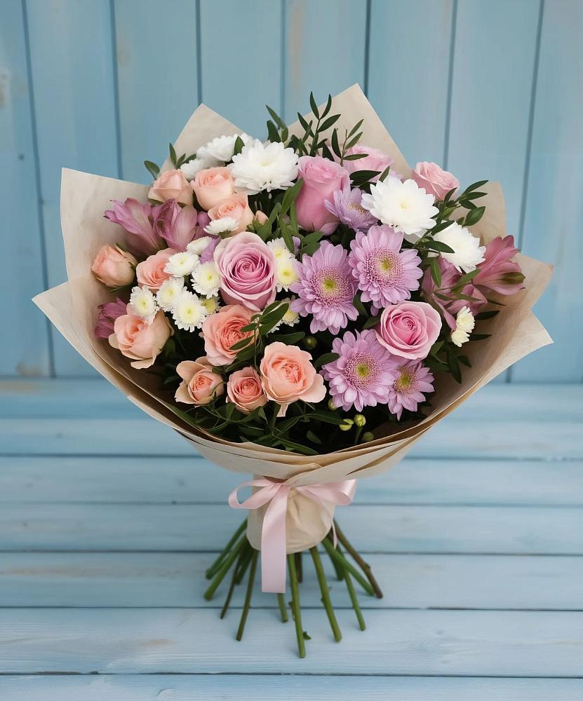 Букет цветов из: Хризантемы, Розы и Альстромерии в Сотниково