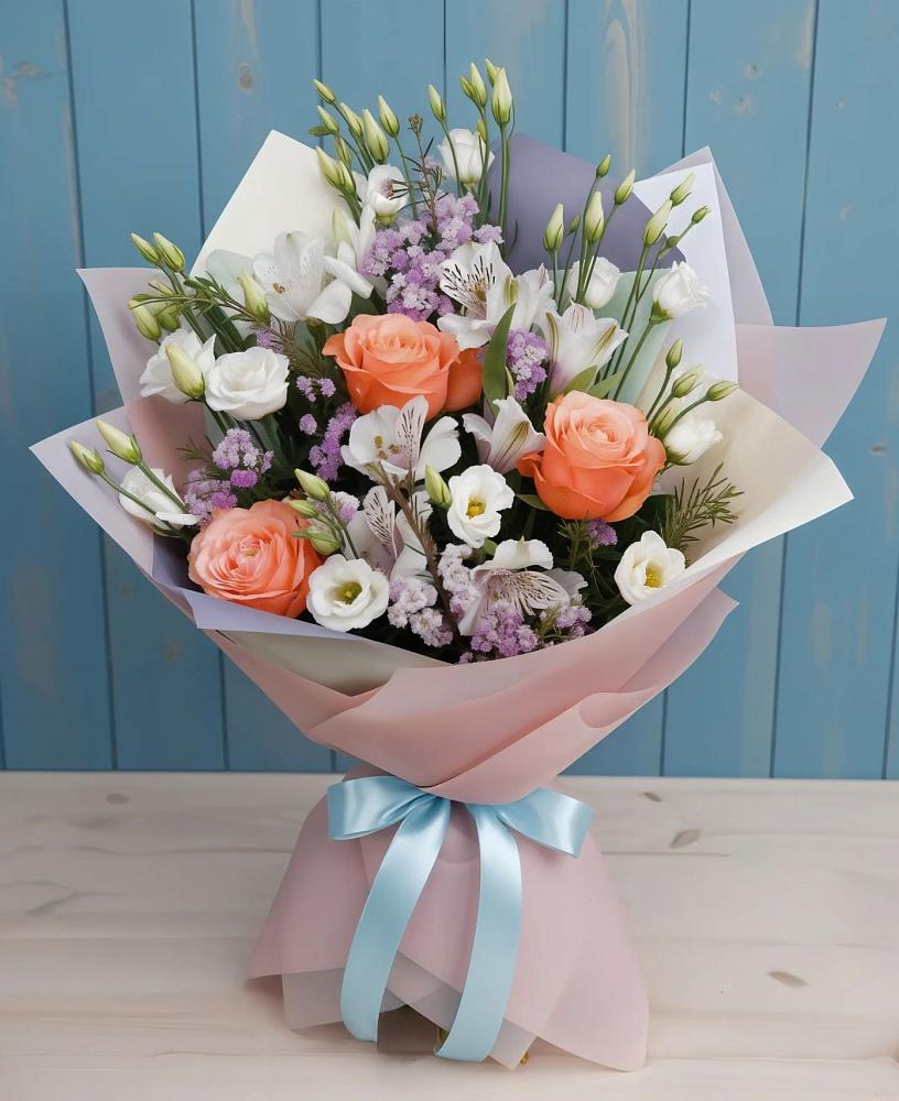 Букет цветов из: Лизиантусы, Розы, Альстромерии и Гипсофила в Сотниково