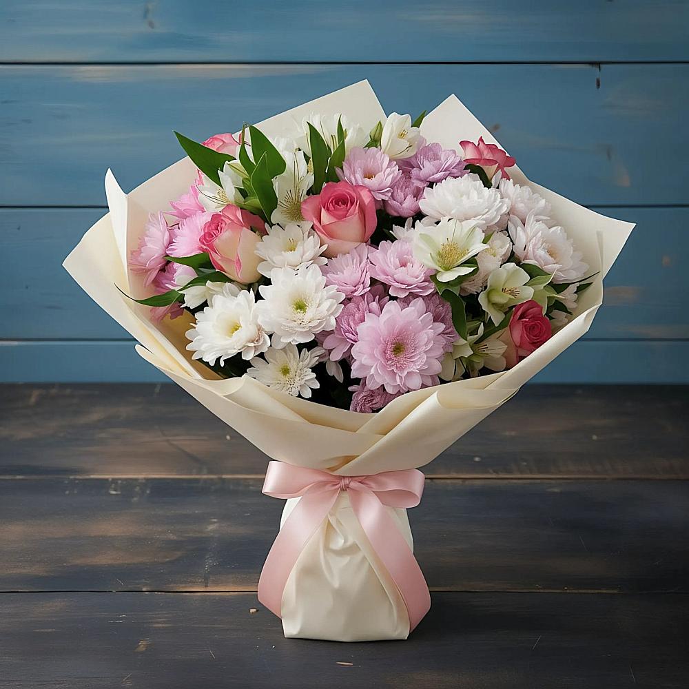 Букет цветов из: Хризантемы, Альстромерии и Розы в Сотниково